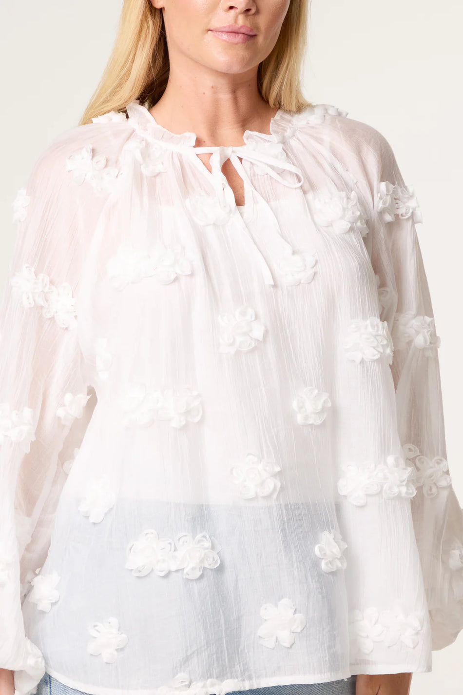 Ruffle Tie Flower Cotton Blouse