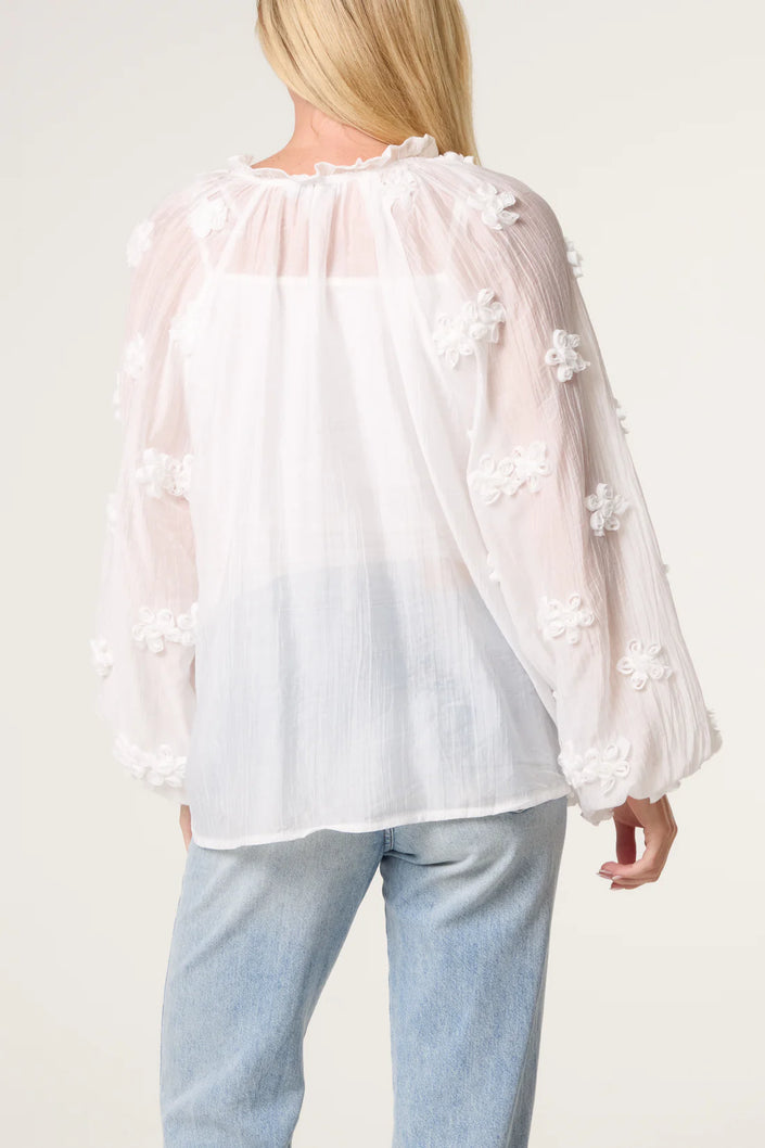Ruffle Tie Flower Cotton Blouse
