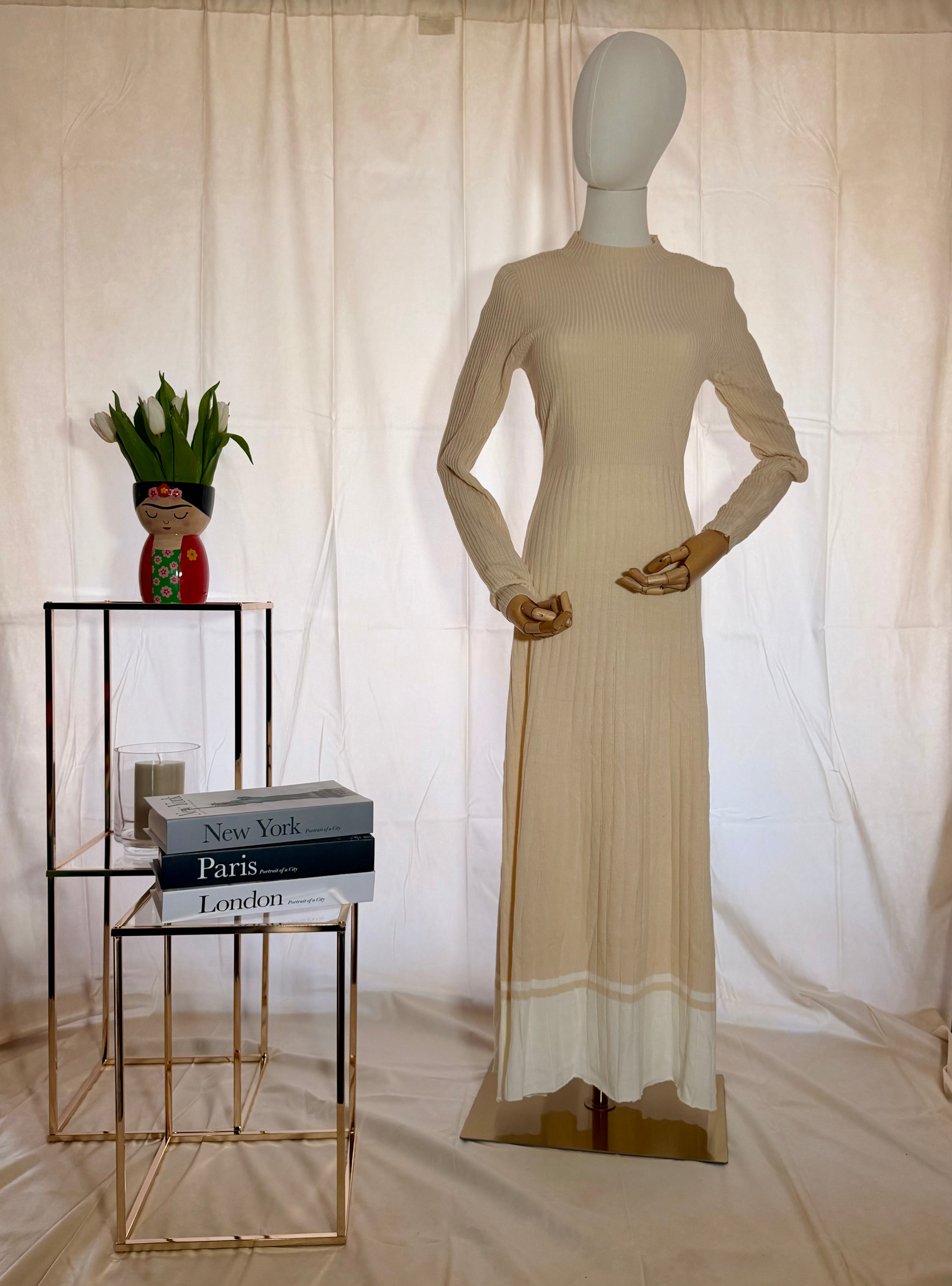Soft Knit Colour Block Beige Jumper Dress