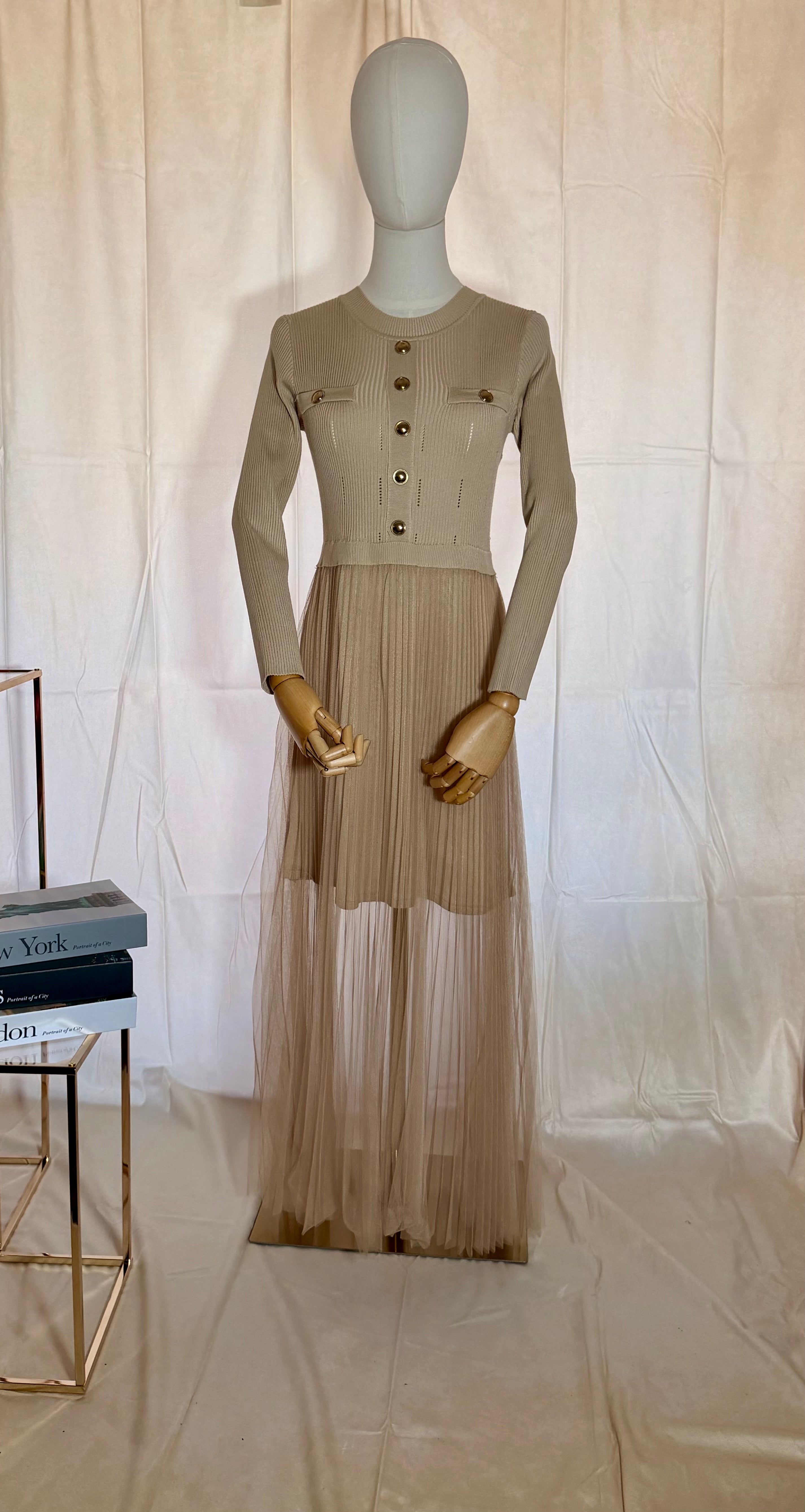 Beige Millitary Dress with Sheer Skirt.