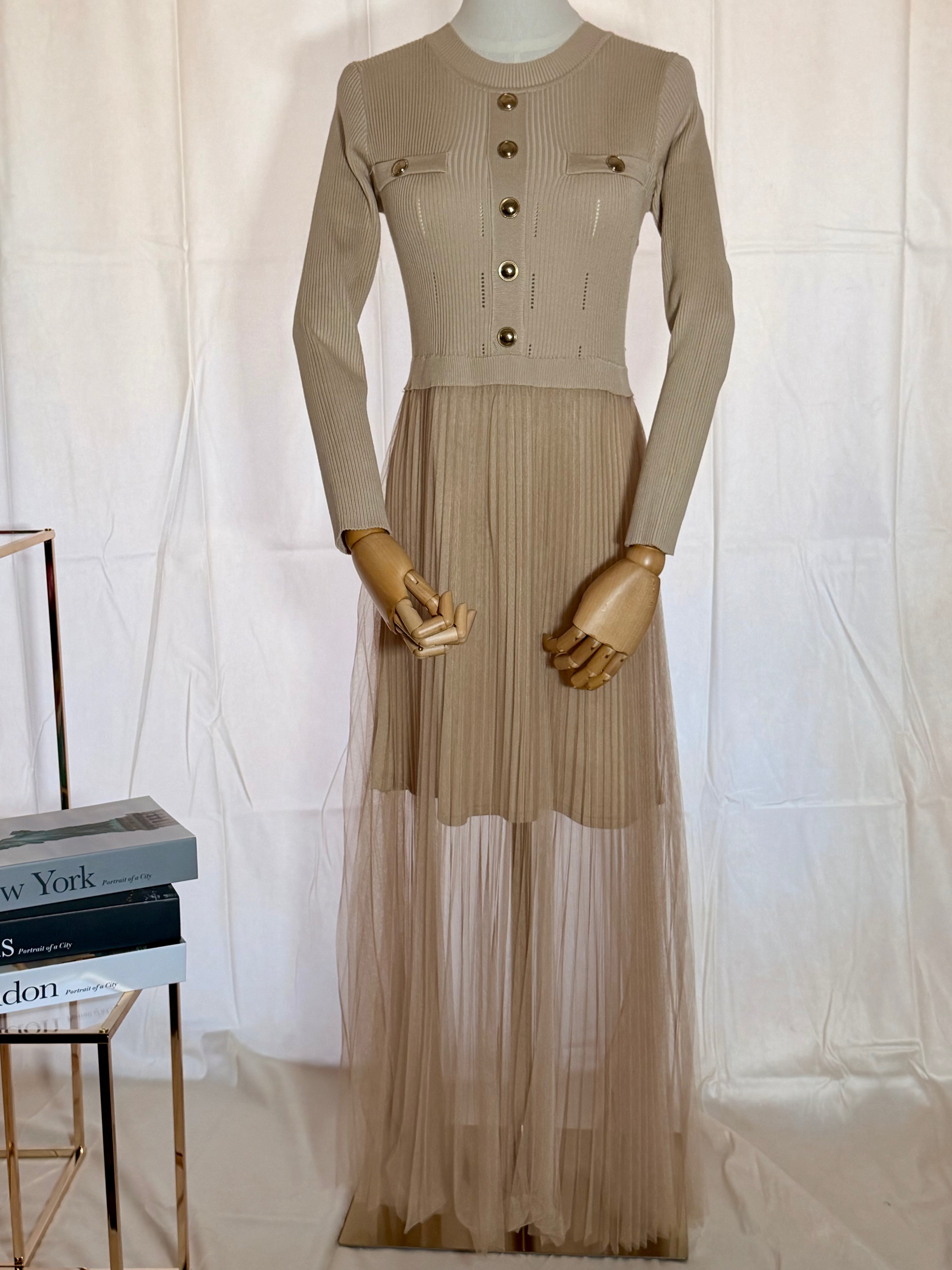 Beige Millitary Dress with Sheer Skirt.
