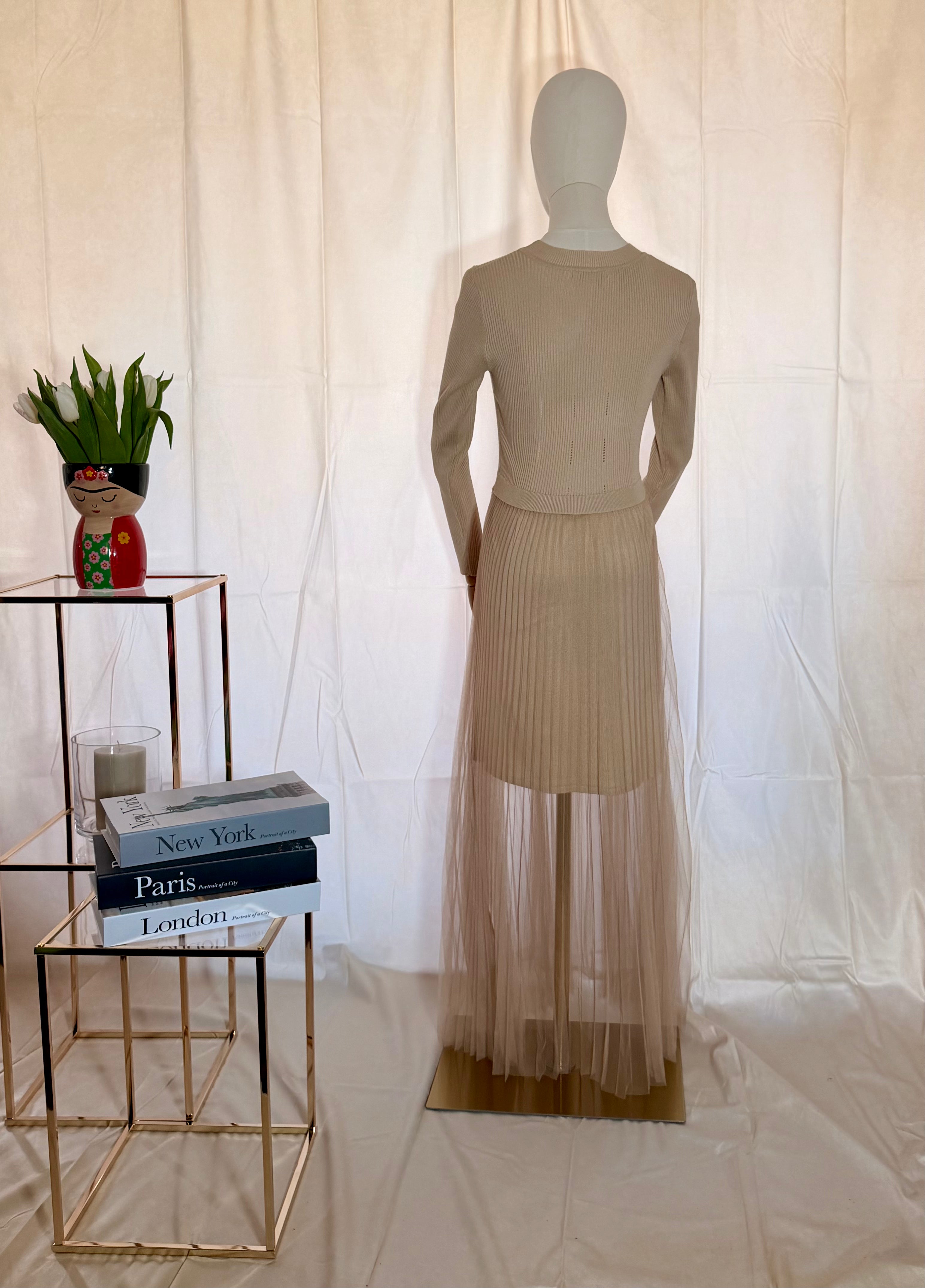 Beige Millitary Dress with Sheer Skirt.