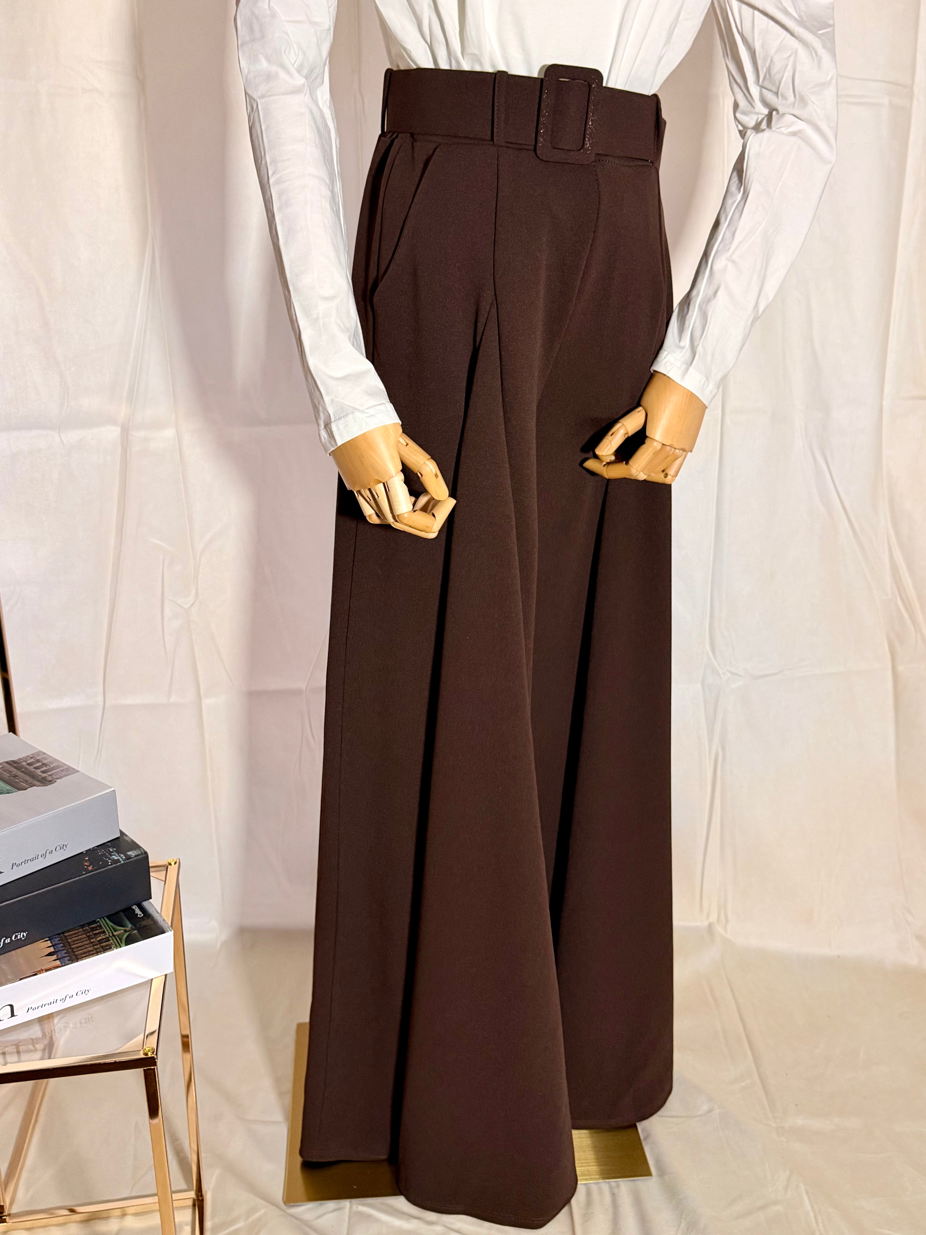 Belted Chocolate Coloured Palazzo Wide Leg Trousers