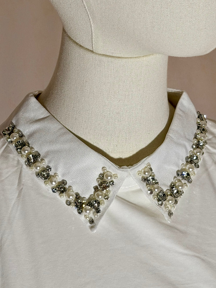 White Pintuck Sleeve Embellished Collar Shirt