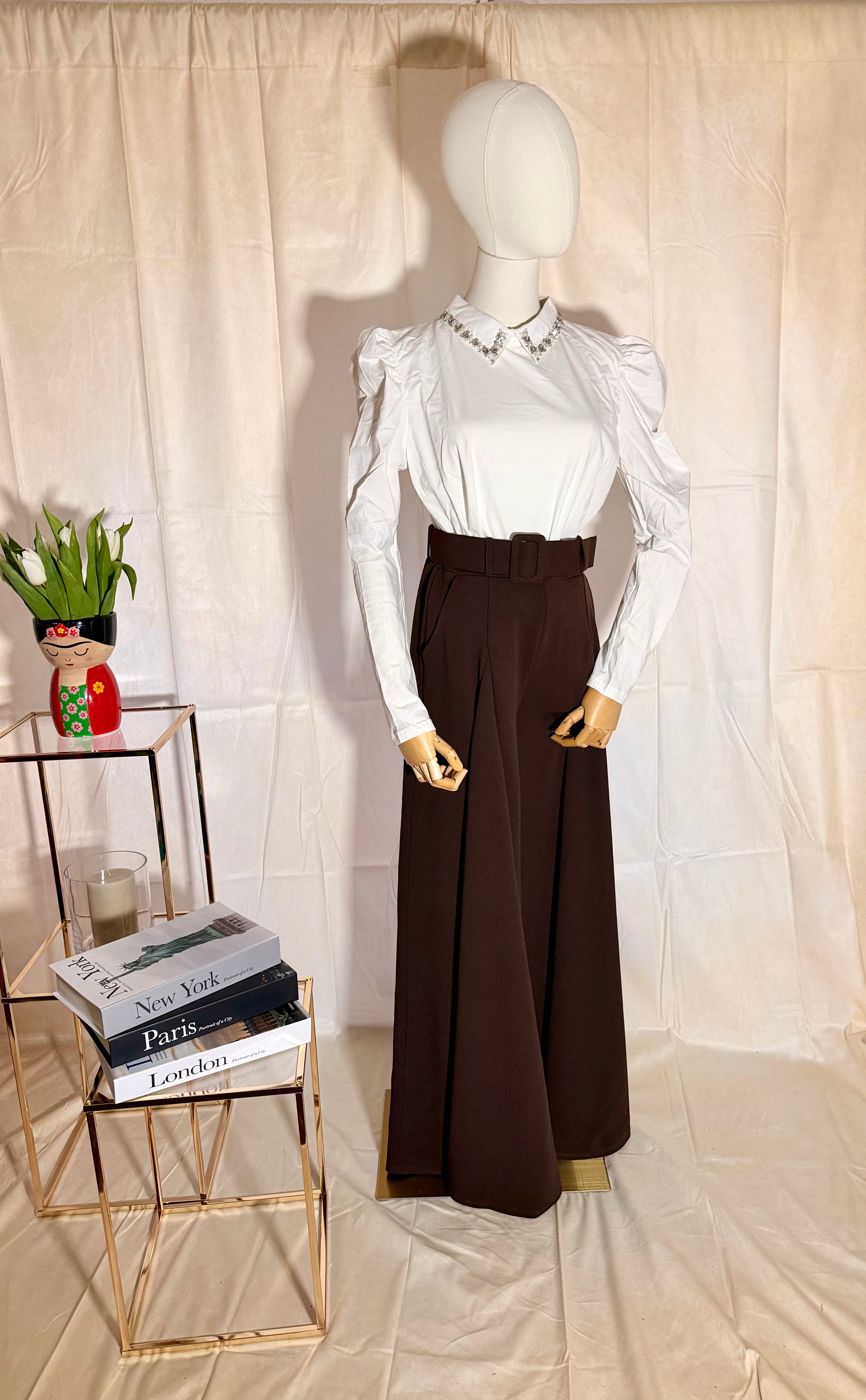 Belted Chocolate Coloured Palazzo Wide Leg Trousers