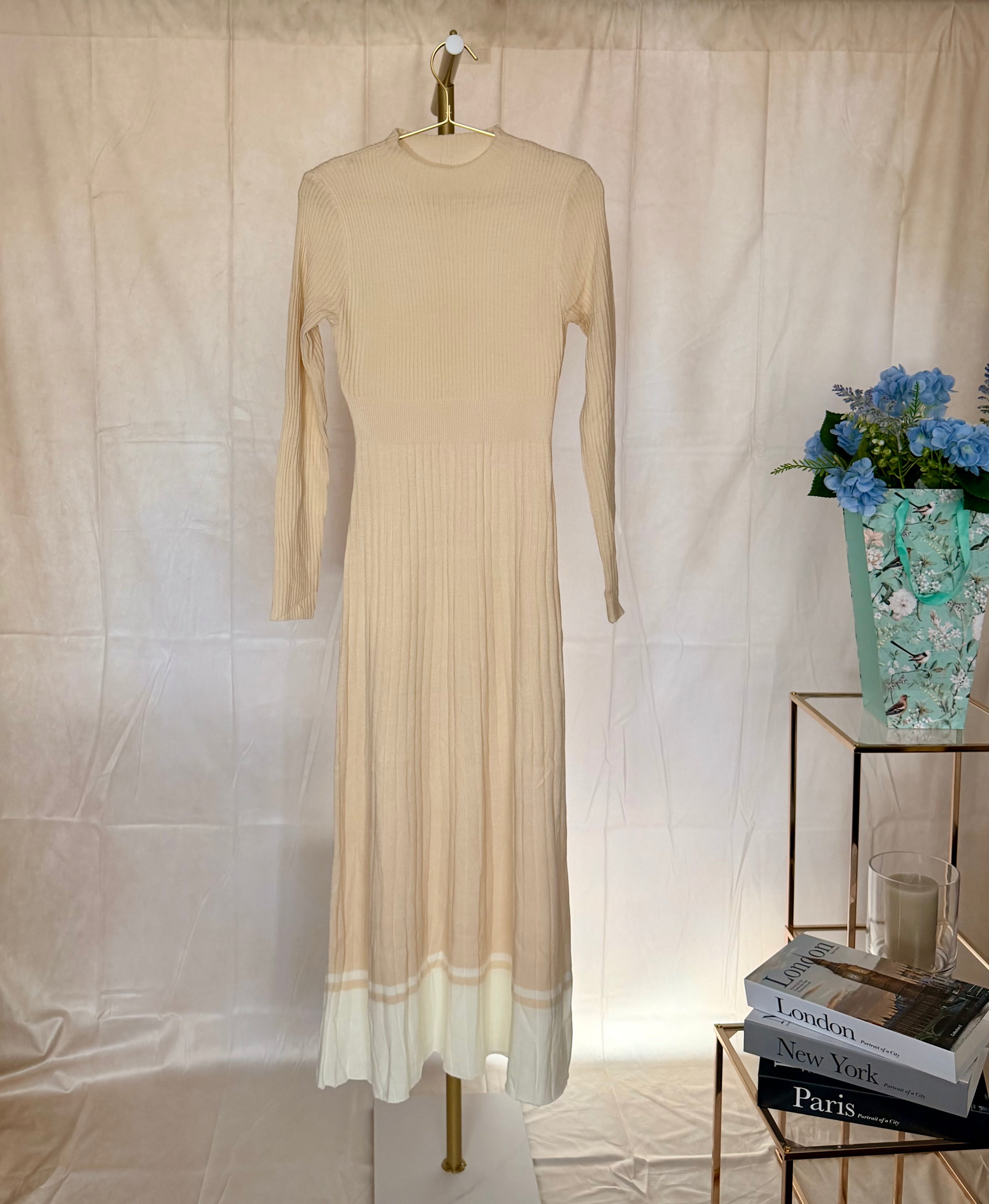 Soft Knit Colour Block Beige Jumper Dress