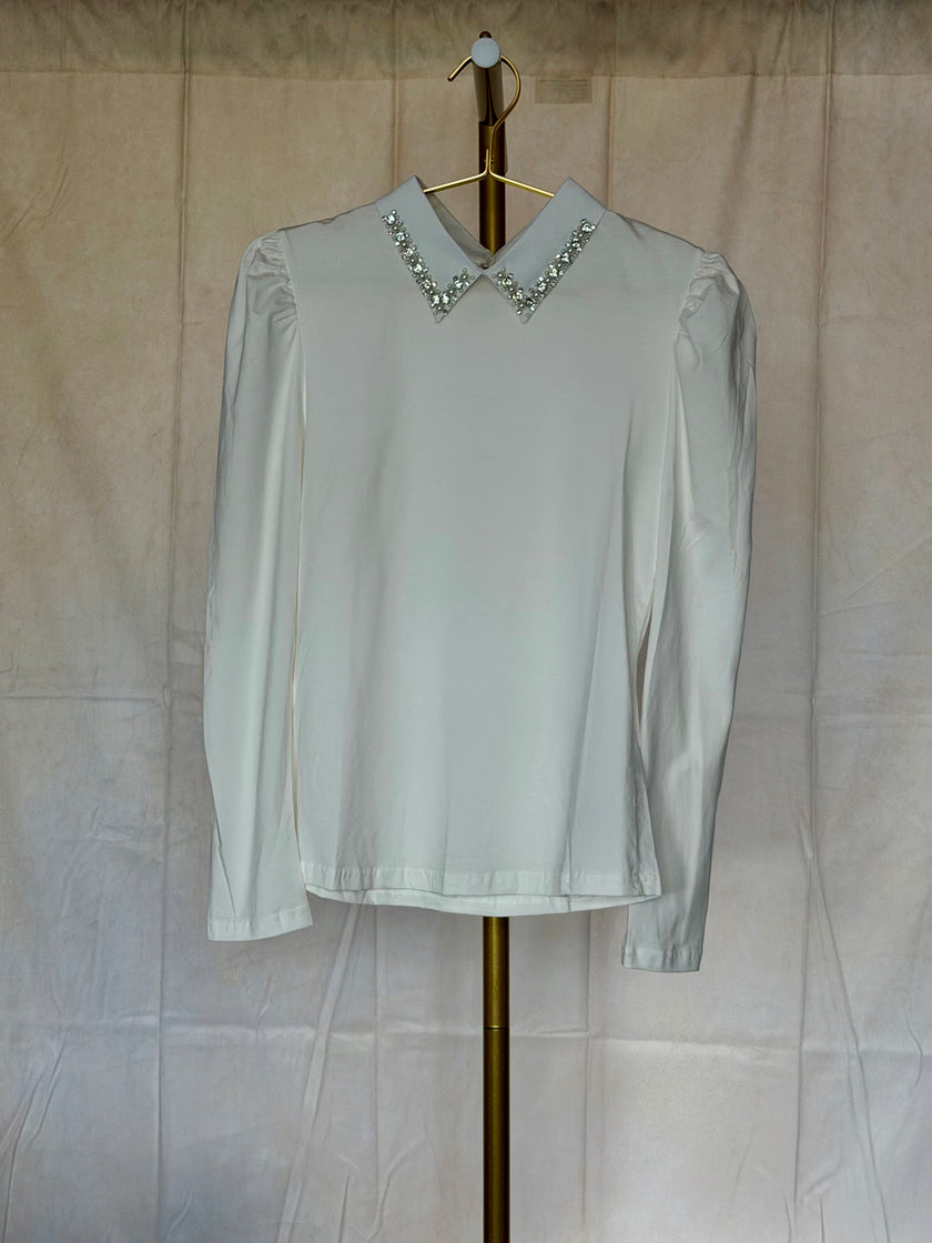 White Pintuck Sleeve Embellished Collar Shirt