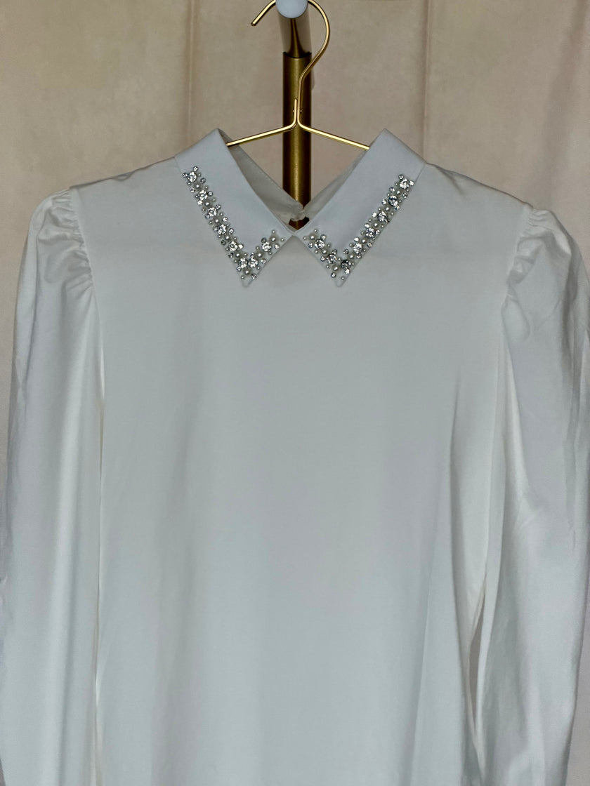 White Pintuck Sleeve Embellished Collar Shirt