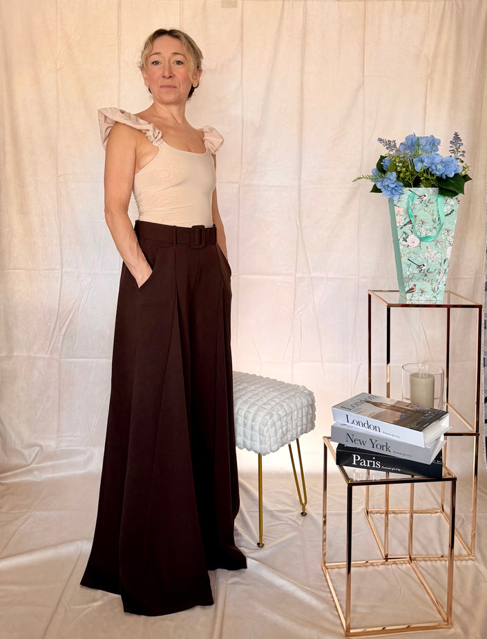 Belted Chocolate Coloured Palazzo Wide Leg Trousers