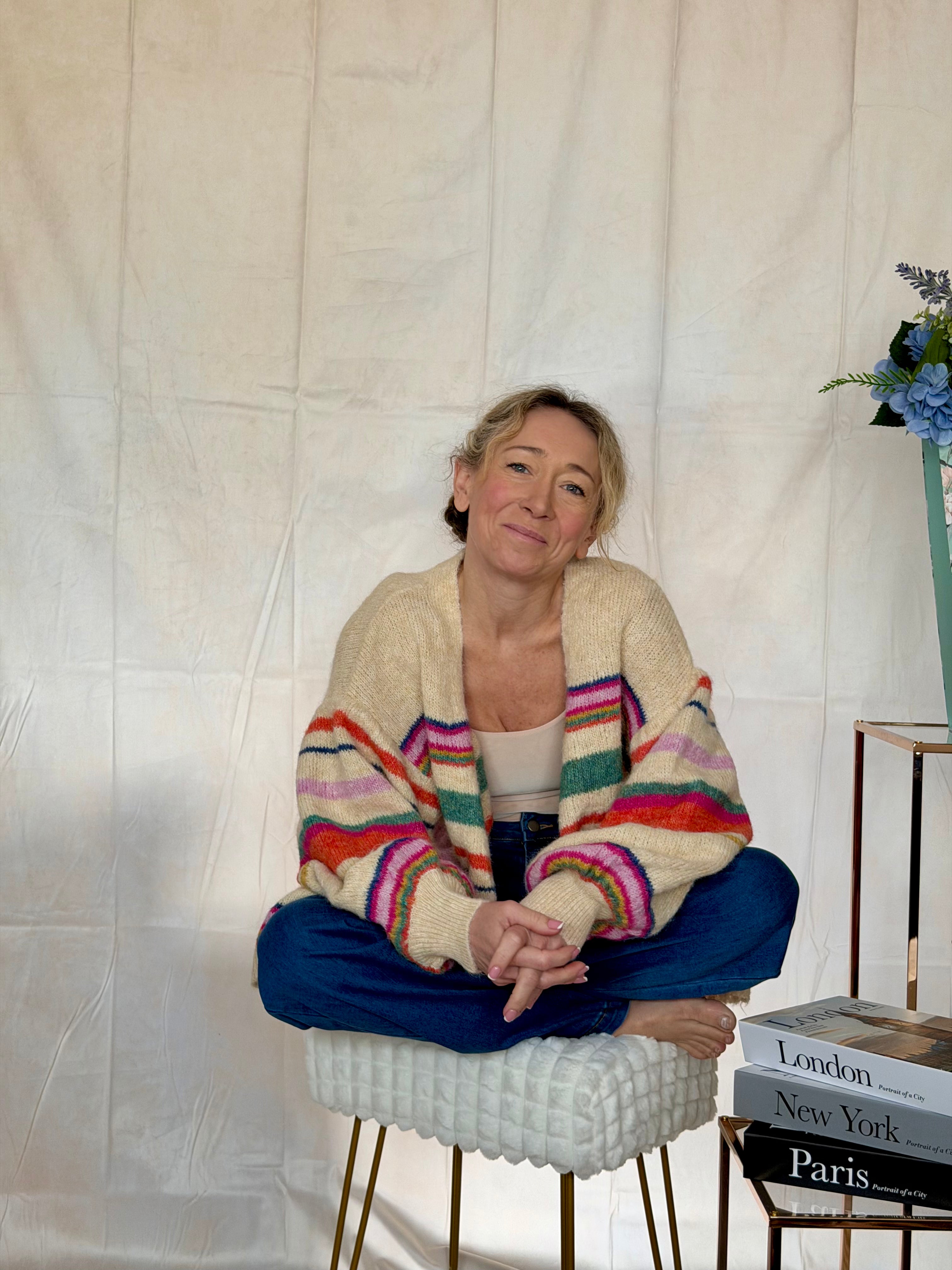 Balloon Sleeved Stripe Knit Cardigan