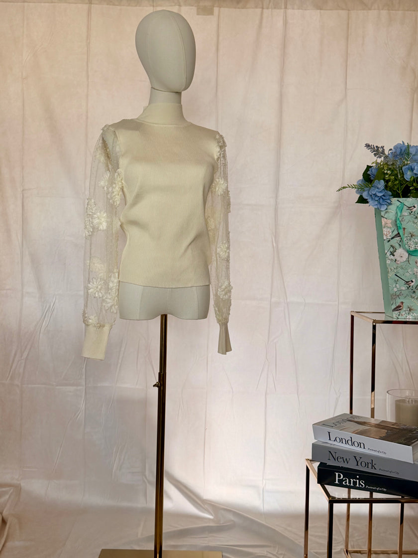 Mesh Flower Sleeved Turtle Neck Jumper