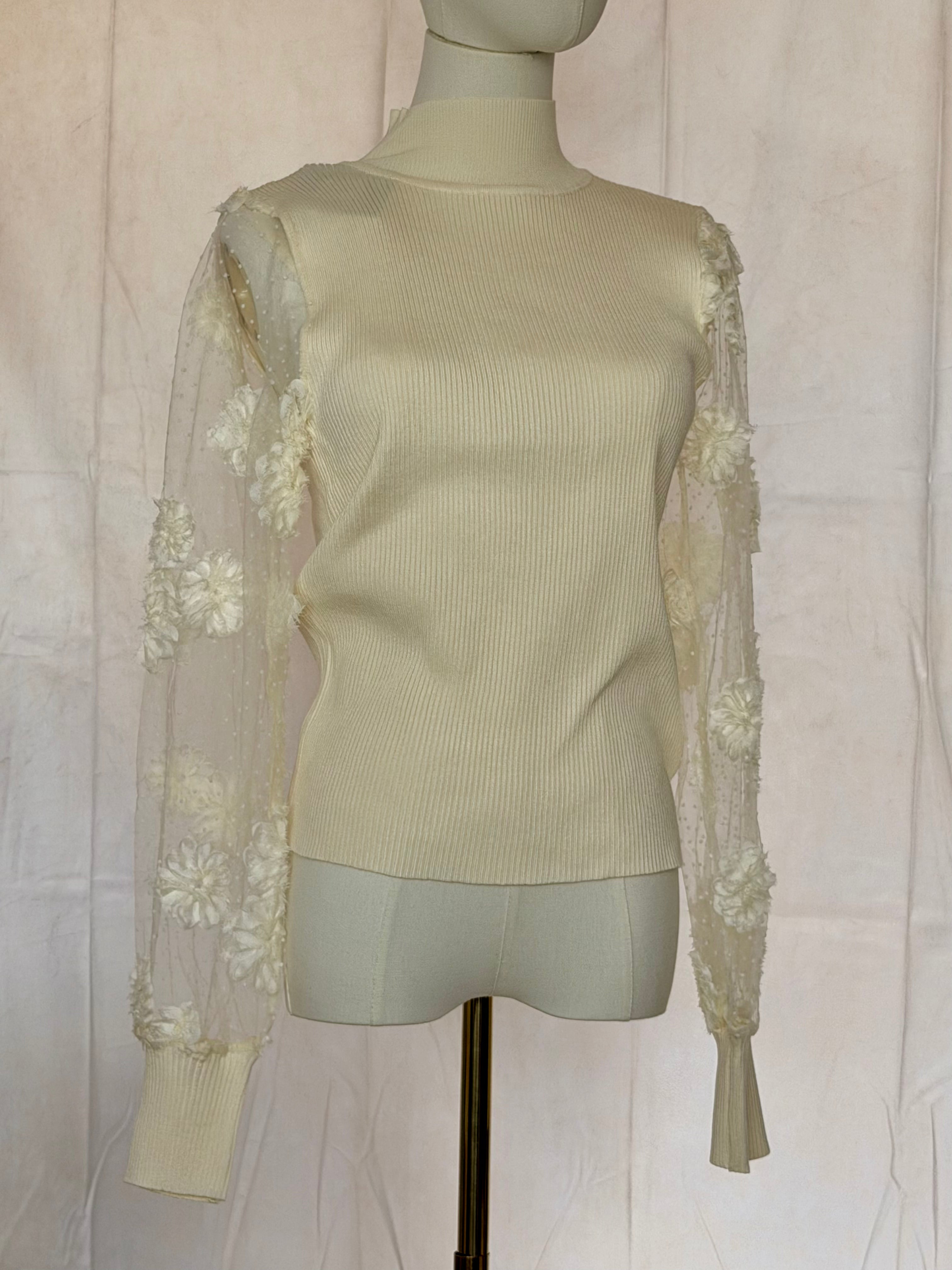 Mesh Flower Sleeved Turtle Neck Jumper