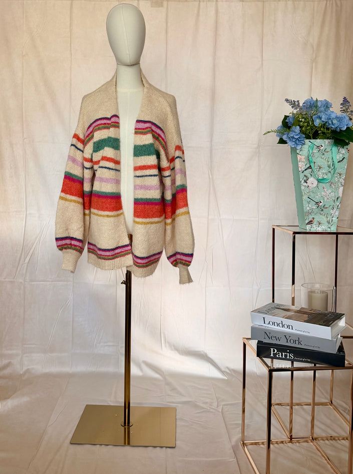Balloon Sleeved Stripe Knit Cardigan