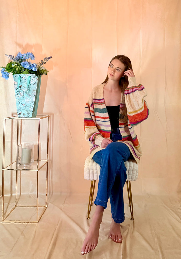 Balloon Sleeved Stripe Knit Cardigan