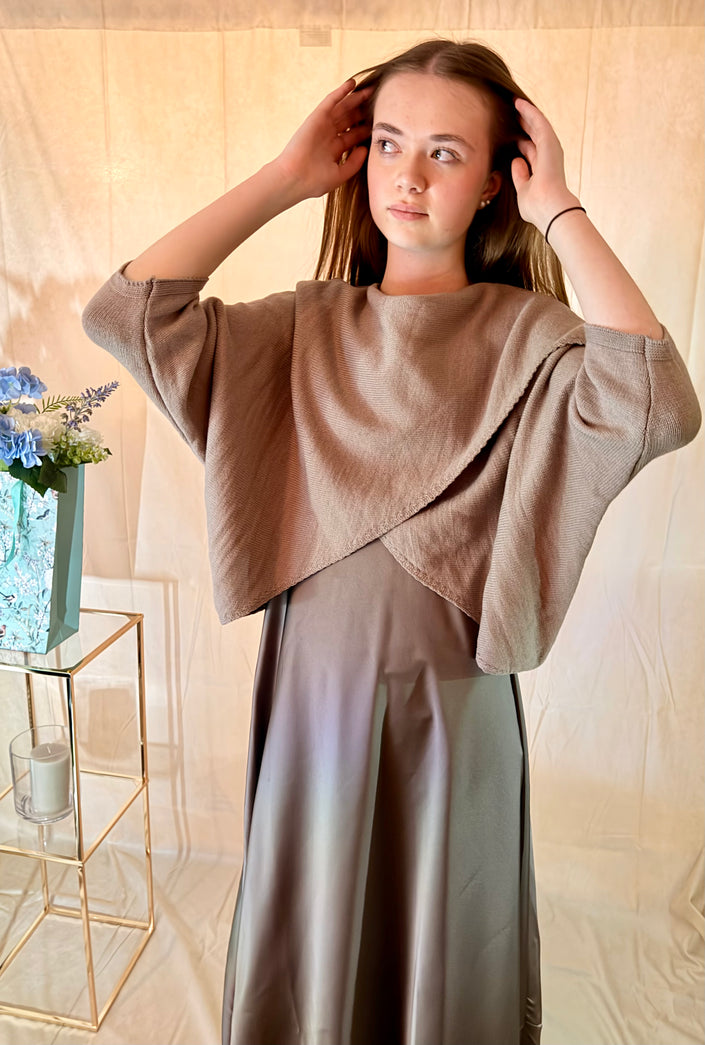 Open Knit Top and Satin Slip Dress - Mocha
