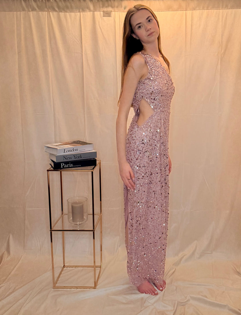 One Shoulder Sequin Embellished Maxi Dress in Pink