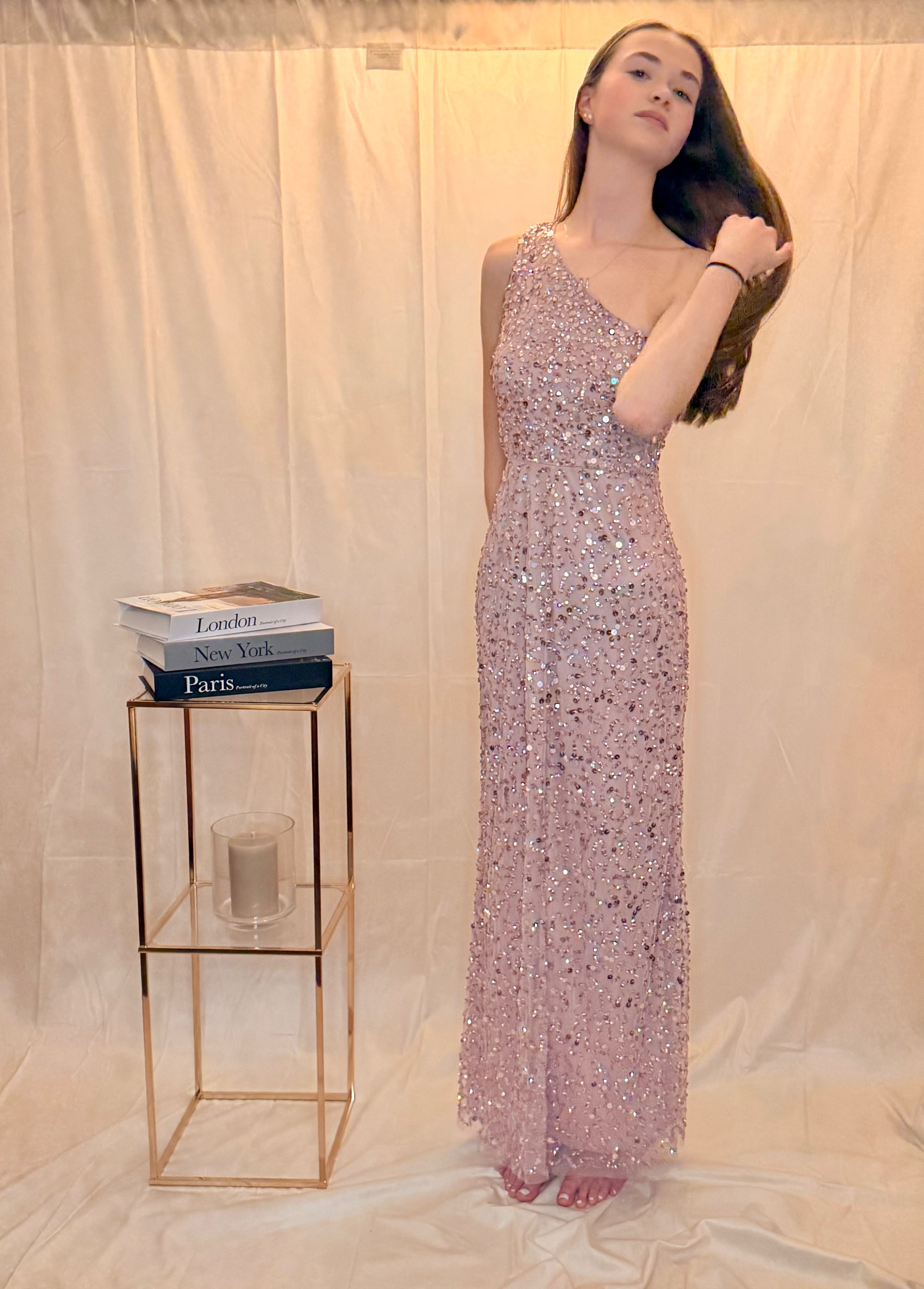 One Shoulder Sequin Embellished Maxi Dress in Pink