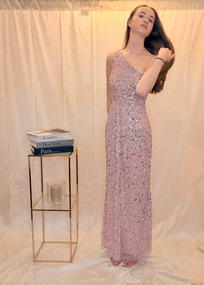 One Shoulder Sequin Embellished Maxi Dress in Pink