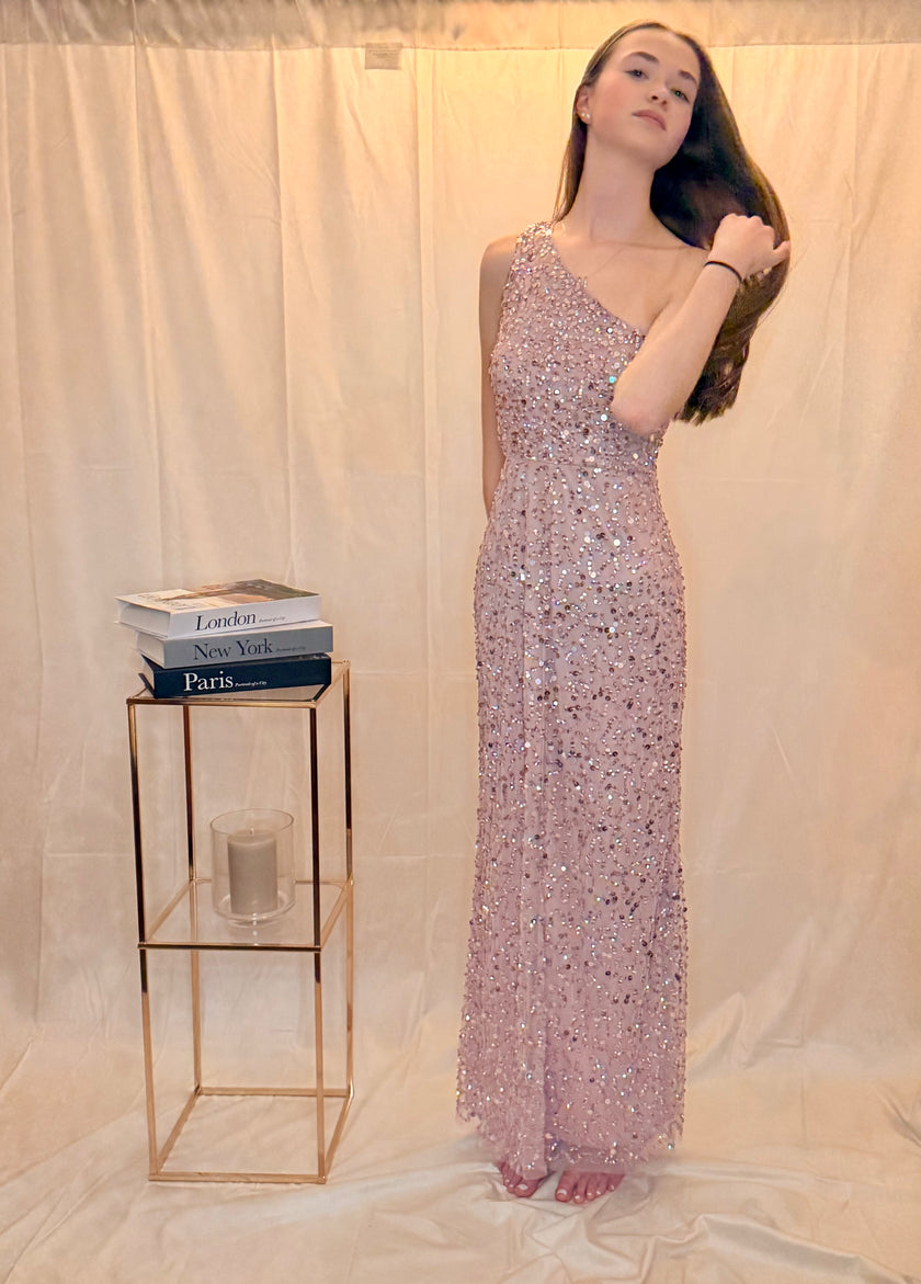 One Shoulder Sequin Embellished Maxi Dress in Pink