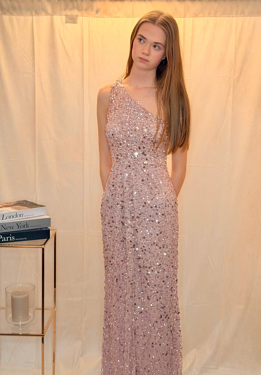 One Shoulder Sequin Embellished Maxi Dress in Pink