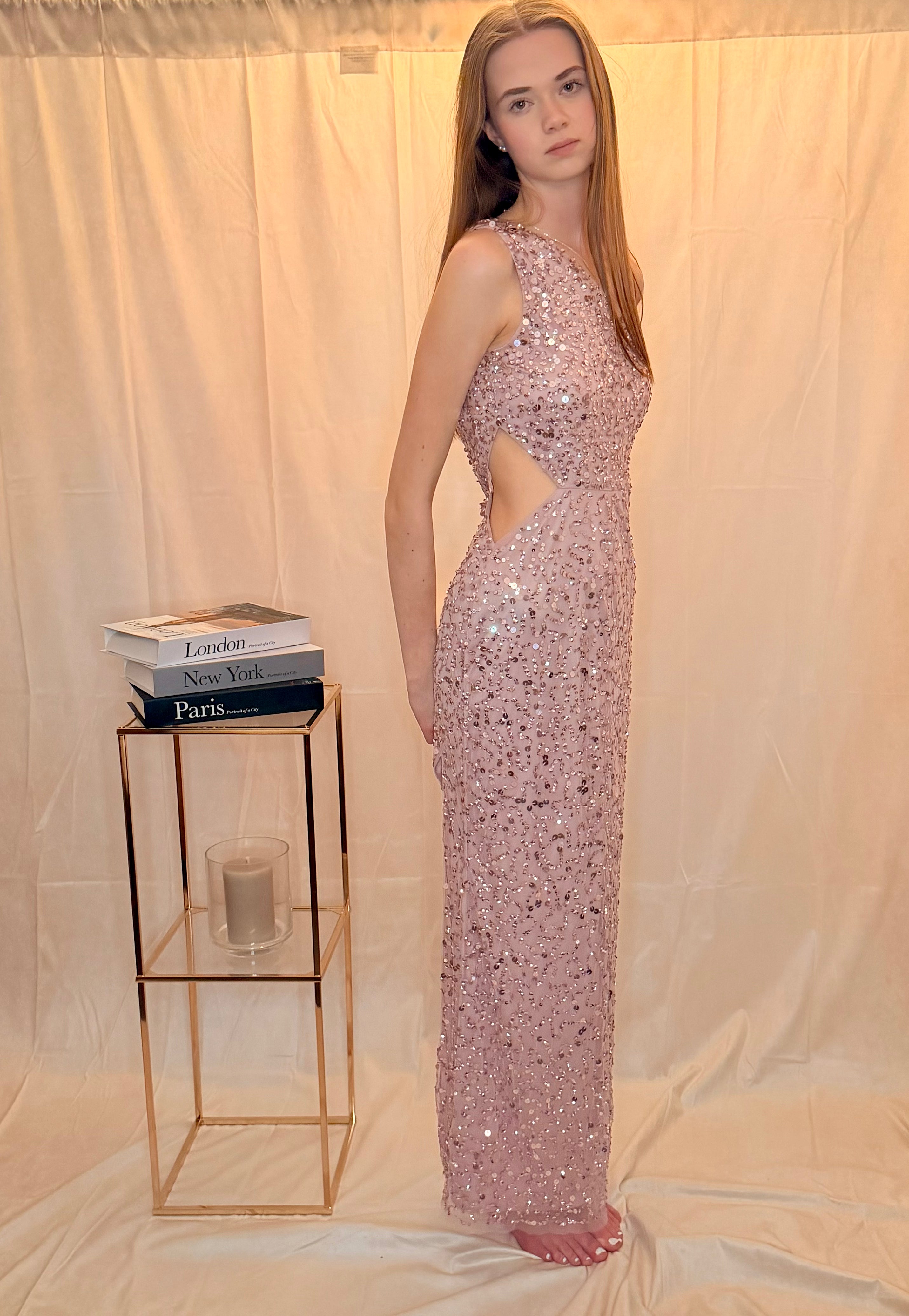 One Shoulder Sequin Embellished Maxi Dress in Pink