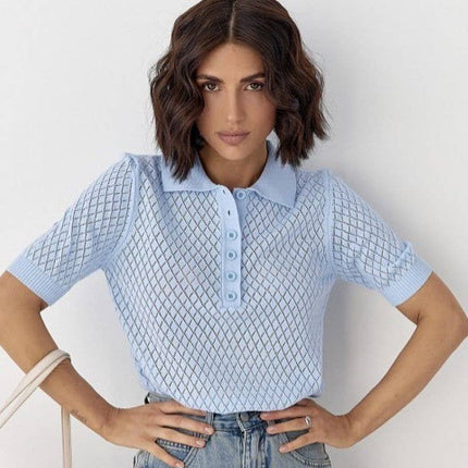 Diamond-Mesh Knit Summer Polo Shirt: Blue