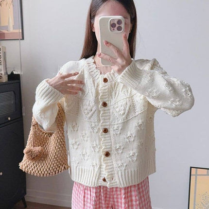 Boho Textured Cable Knit Cardigan: Cream