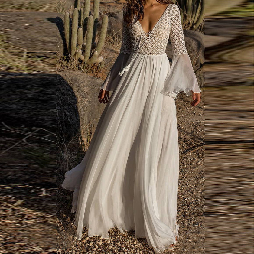 White Bell Sleeve V-Neck Beach Cover Up Maxi Dress