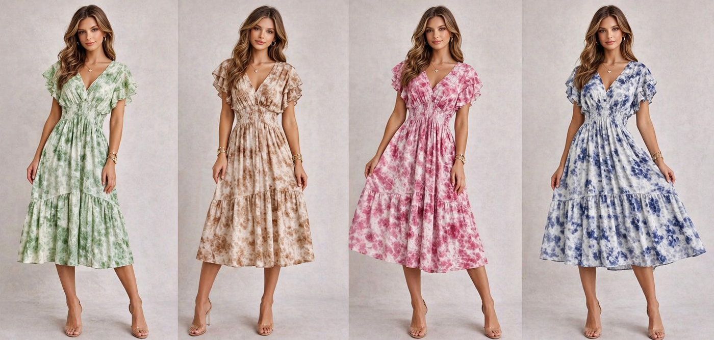 Tye Dye V Neck Button Rouched Midi Dress: Pink