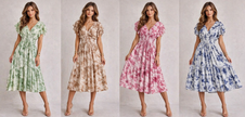 Tye Dye V Neck Button Rouched Midi Dress: Pink