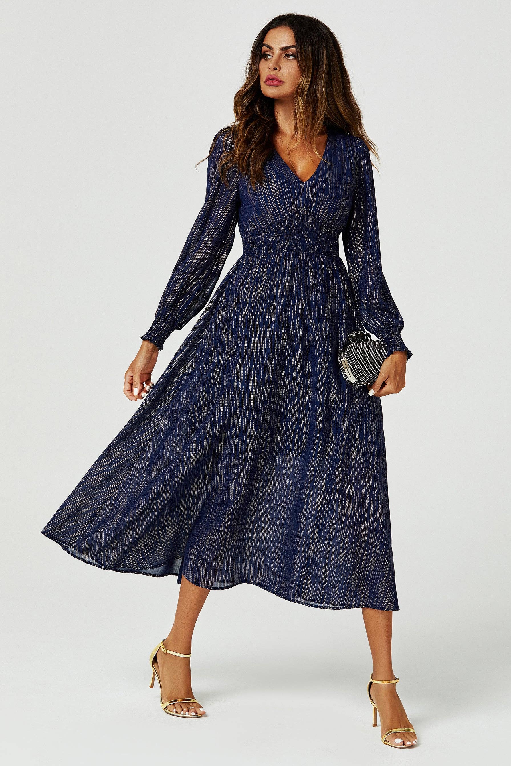 Gold Stripe Foil Long Sleeve Maxi Dress In Navy: Navy / M