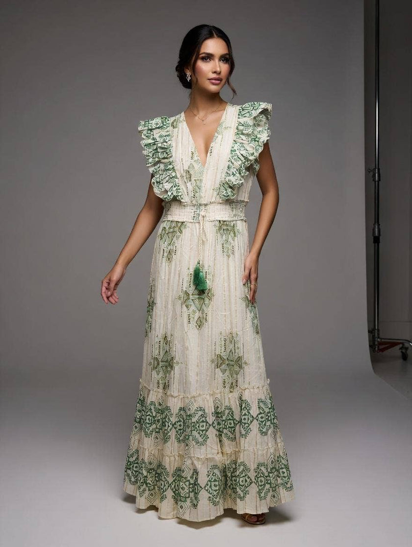 The Egyptian Ruffle Shoulder Maxi Dress: Green