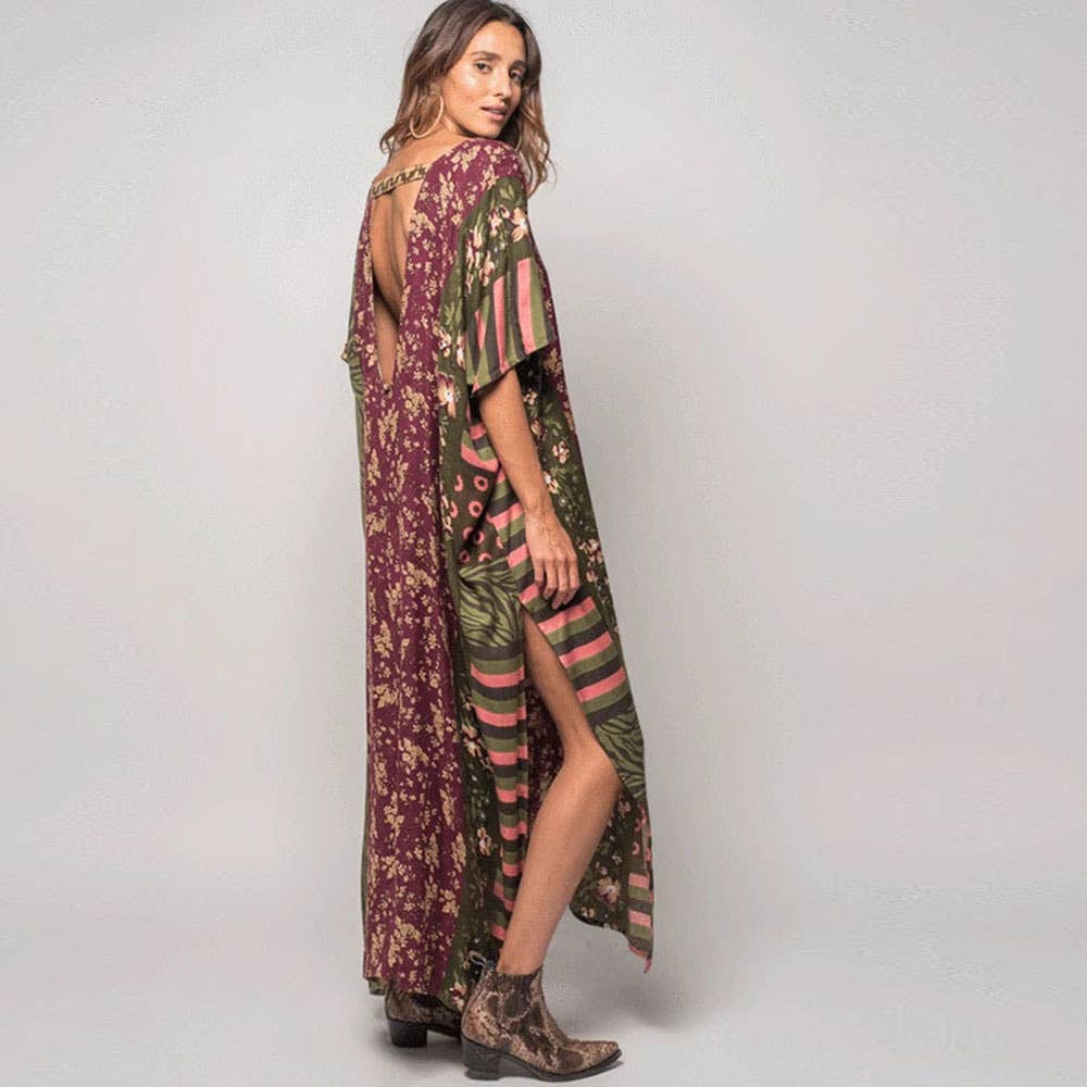 Patchwork Floral & Geometric Print Maxi Dress in Green