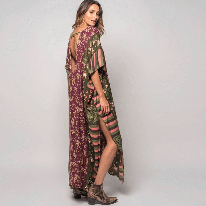 Patchwork Floral & Geometric Print Maxi Dress in Green
