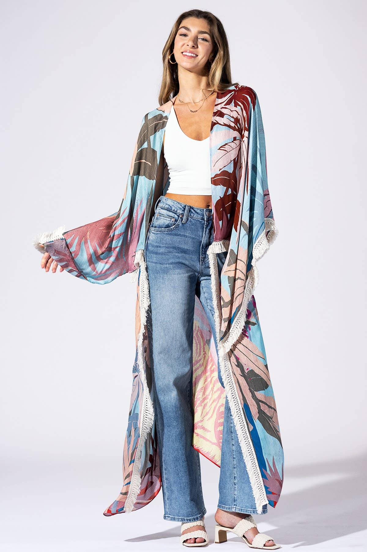 Safari Sky Fringed Duster Kimono: 41-Pink Horizon Mist