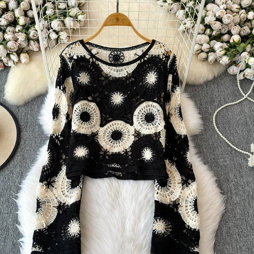 Floral Medallion Crochet Knit Sweater: Burgundy