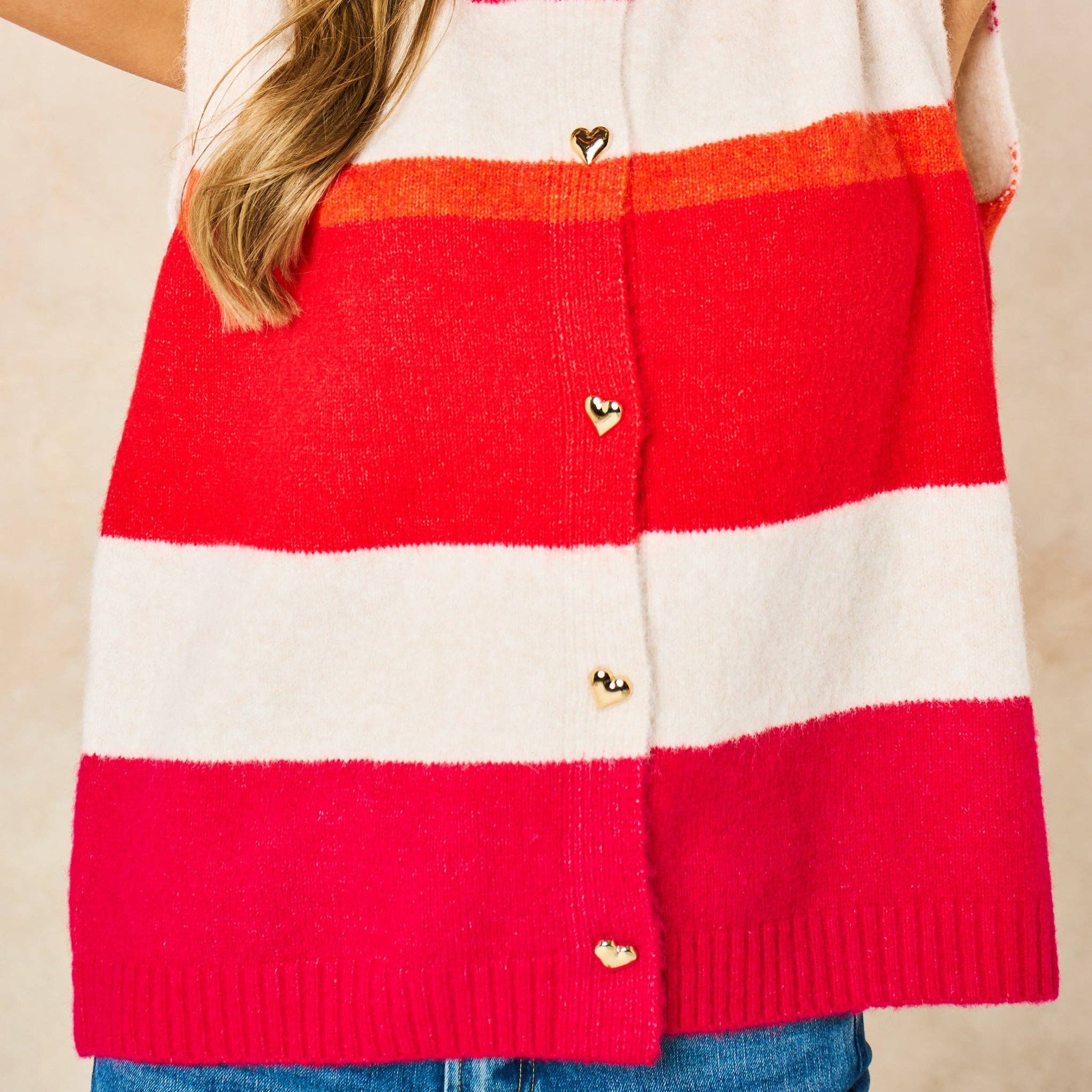 Heart Buttons Striped Sleeveless Vest in Red: One-size (UK 8-18)