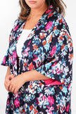 Lined Silky Mid Length Kimono Jacket -Navy Blue, Floral: One-size (UK 8-18)