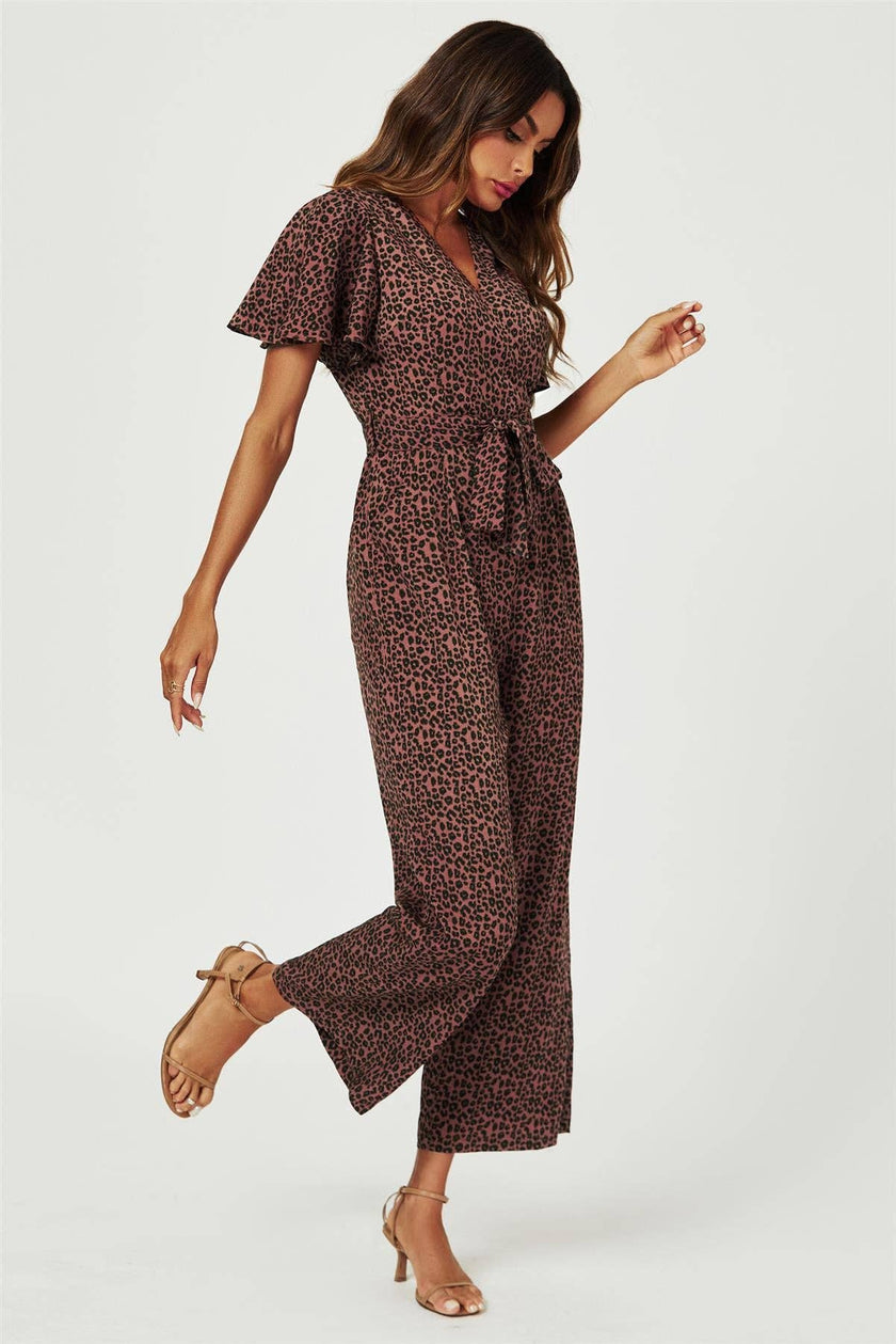 Leopard Print Wrap Top Jumpsuit In Rusty: Rusty / S