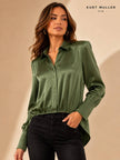 Sateen V Collar High Low Padded Shoulder Blouse: Navy