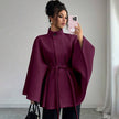 Batwing Cape Jacket with High Neck and Tie-Waist: Burgundy