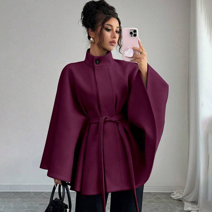 Batwing Cape Jacket with High Neck and Tie-Waist: Burgundy