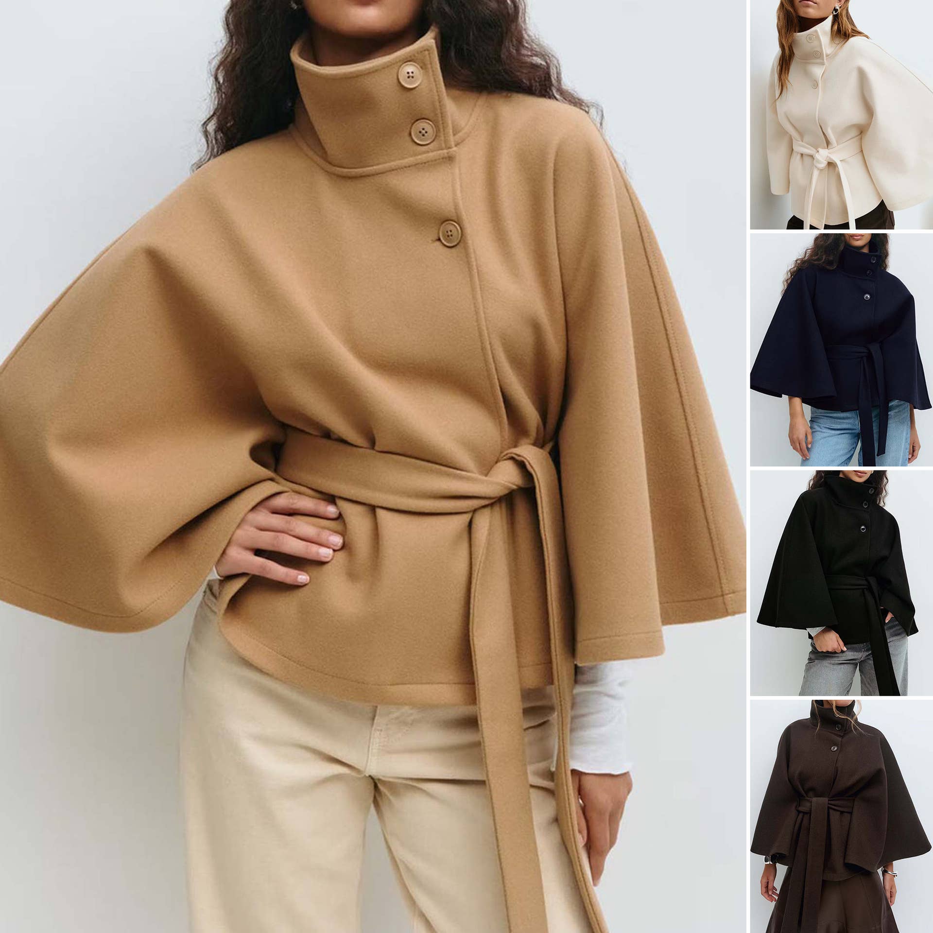 Structured Funnel Neck Belted Cape Jacket: Chocolate