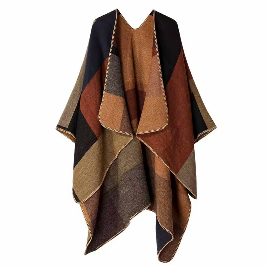 Soft Knit Color-Block Poncho Cape: Tan