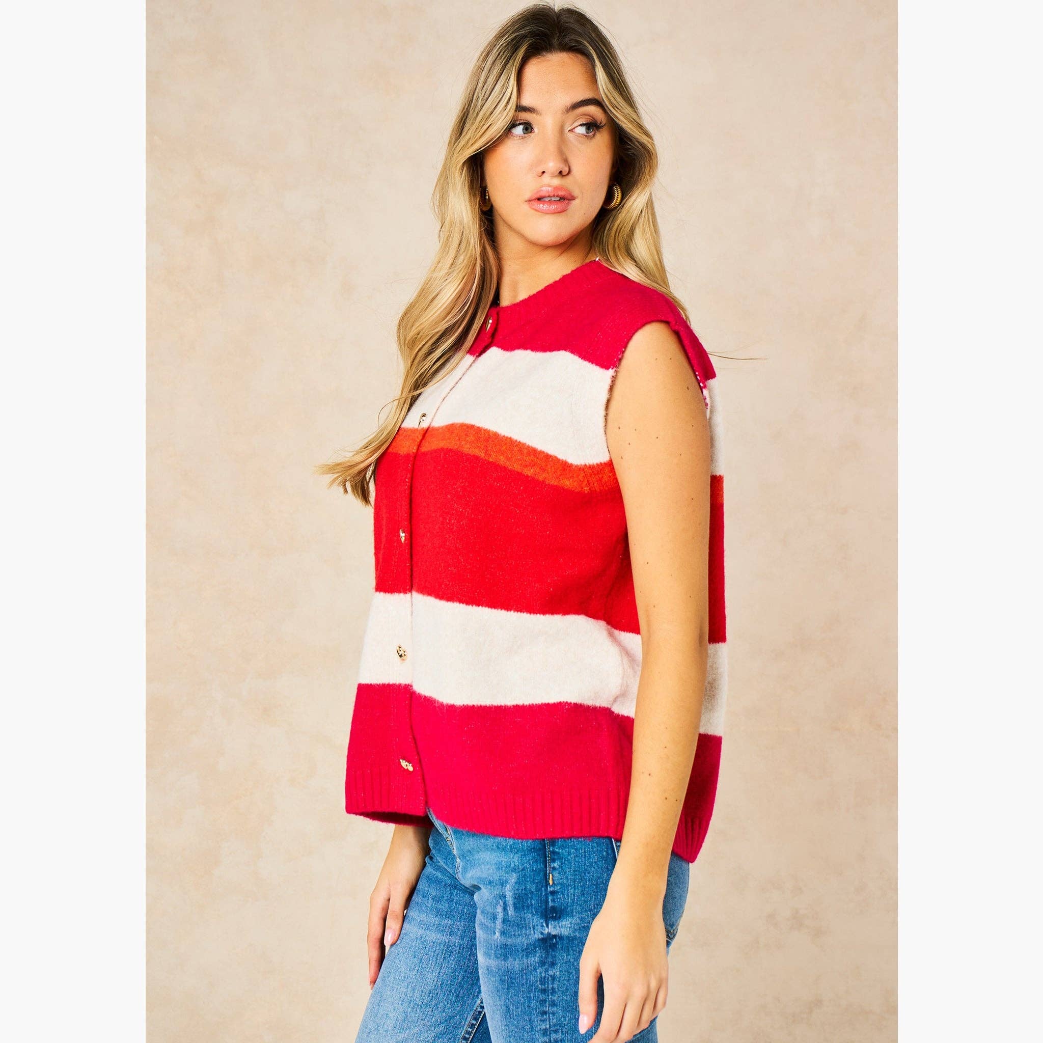 Heart Buttons Striped Sleeveless Vest in Red: One-size (UK 8-18)