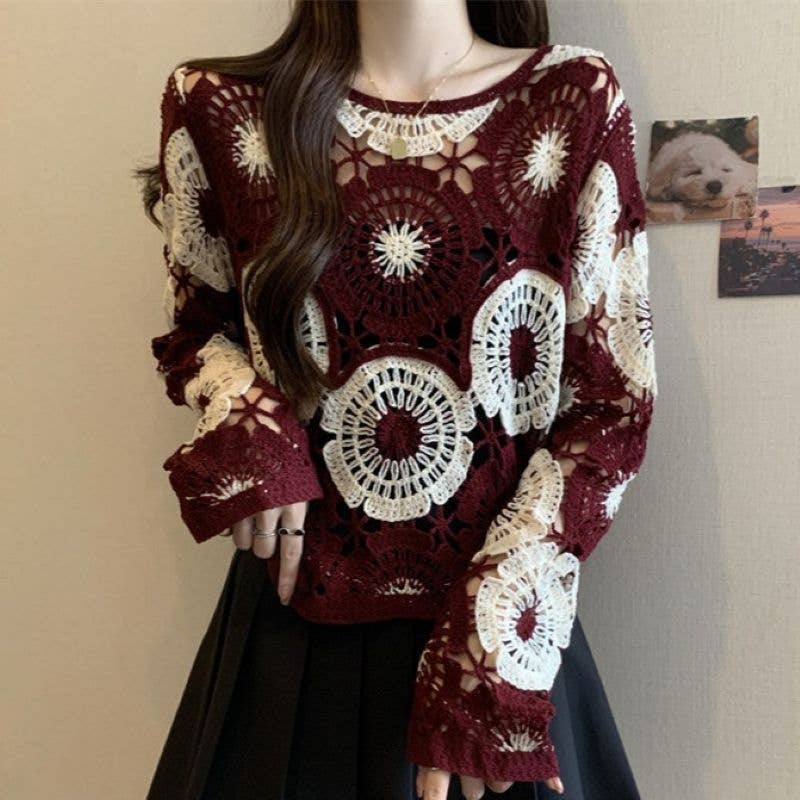 Floral Medallion Crochet Knit Sweater: Burgundy