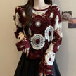 Floral Medallion Crochet Knit Sweater: Burgundy