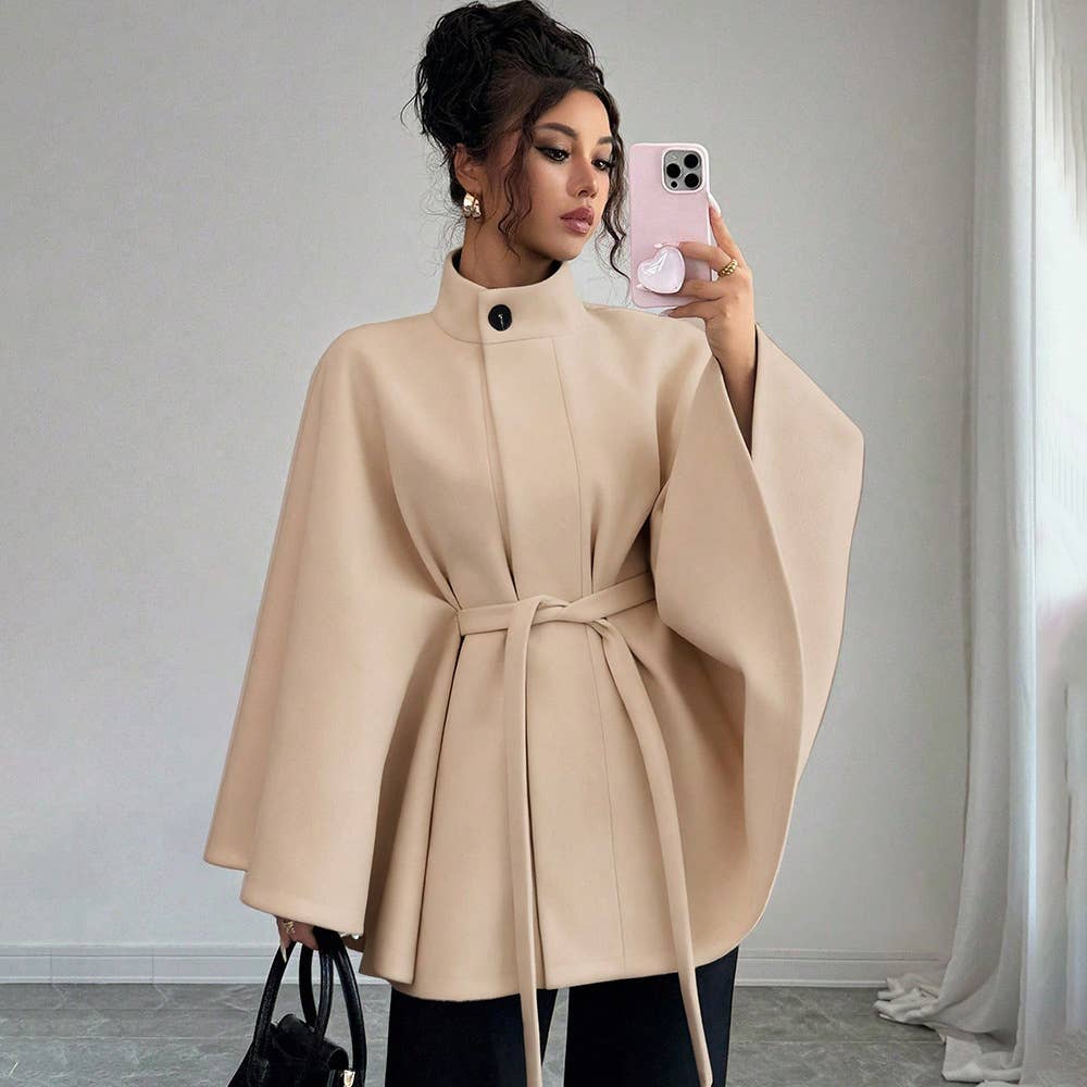 Batwing Cape Jacket with High Neck and Tie-Waist: Chocolate