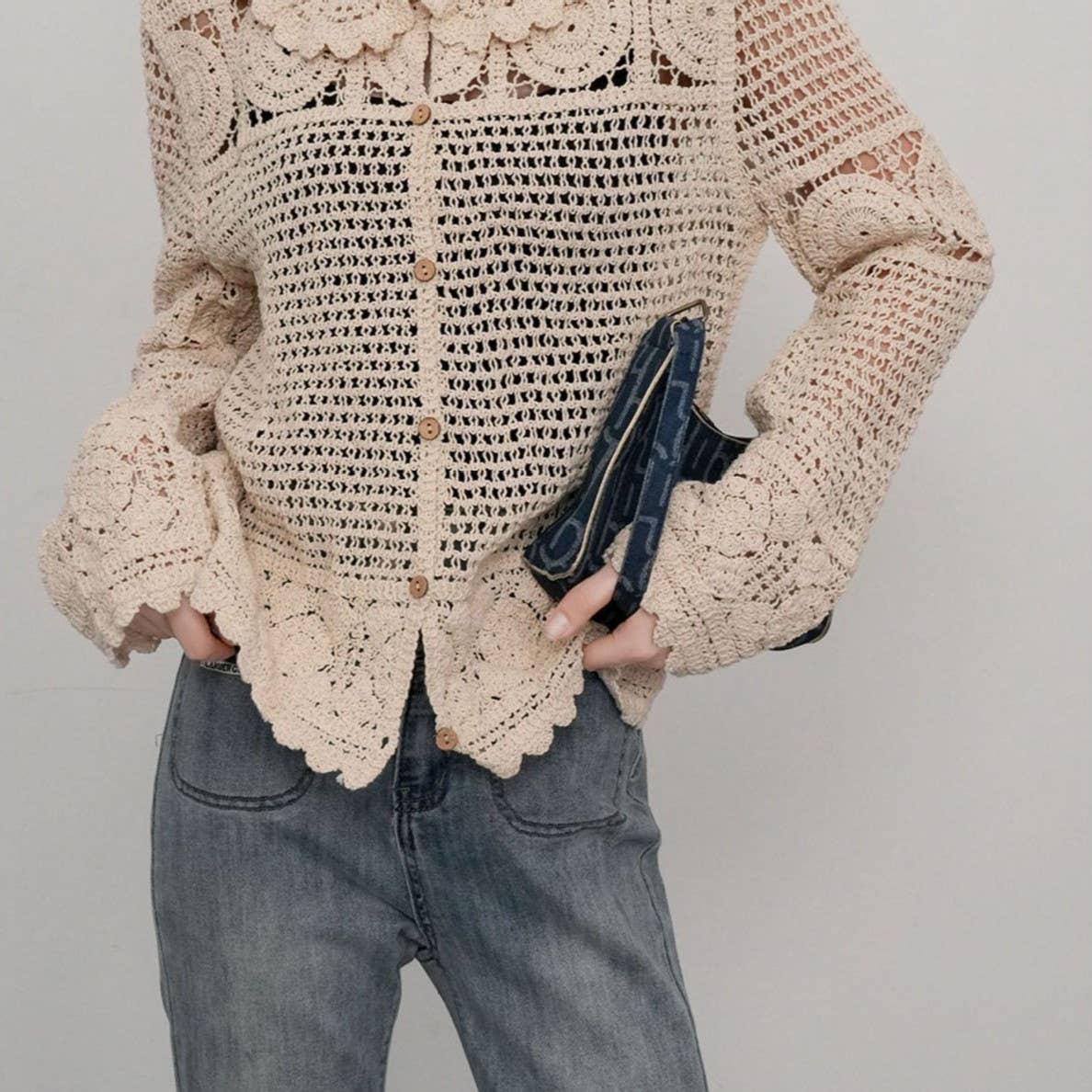 Elegant Beige Guipure Lace Button-Up Cardigan