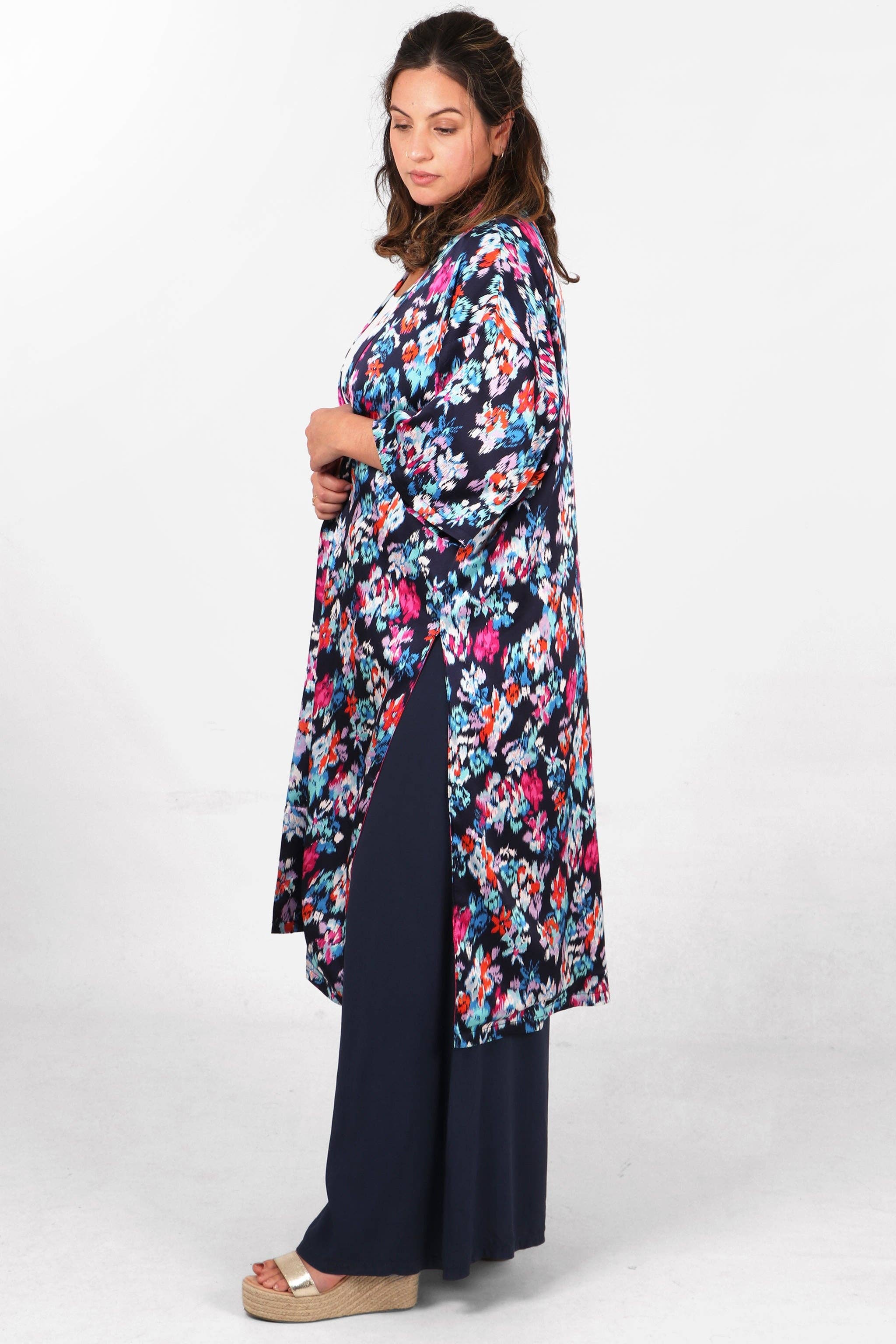 Lined Silky Mid Length Kimono Jacket -Navy Blue, Floral: One-size (UK 8-18)